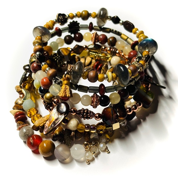 🆕 OOAK Bohemian Bead Mix Memory Wire Wrap Bracelet — Semi Precious Gemstone